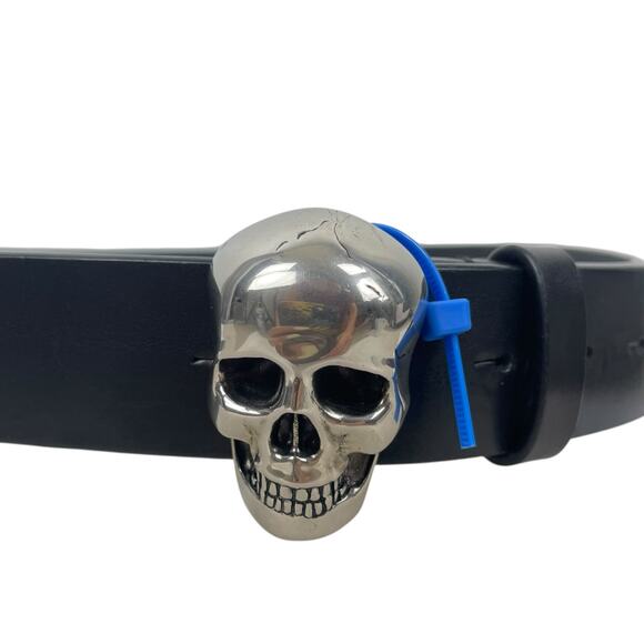 Alexander Mcqueen 3D Skull Black Leather Belt Silver Bucklet Size 90/36 - Picture 6 of 12